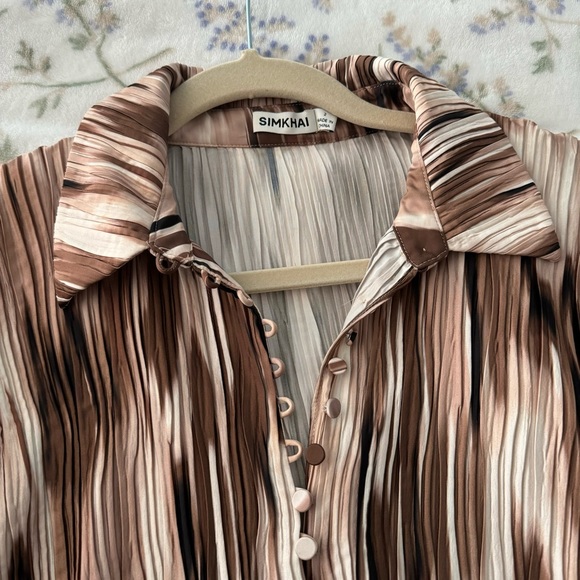 Johnathon SIMKHAI Indiana Printed Plisse Satin Midi Dress Long Sleeve - Picture 6 of 7